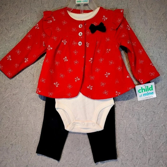 Child of Mine 3 pc NWT Red Velour Black & Gold Bows Christmas Outfit Infant 12Mo - Picture 1 of 11